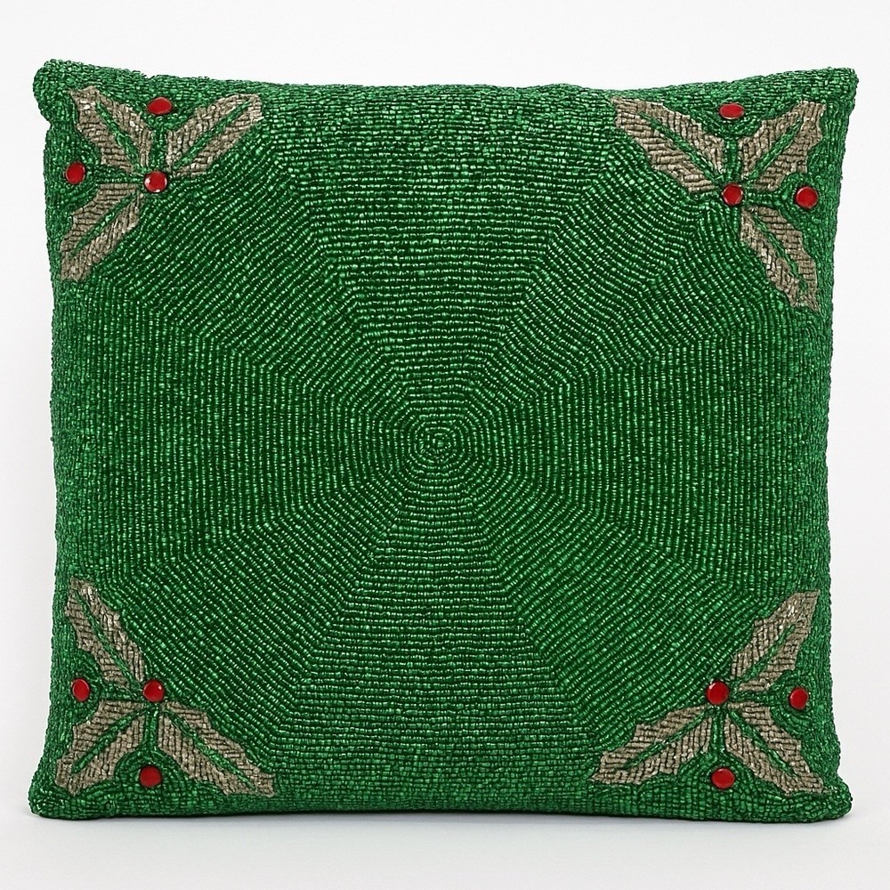 Cynthia Rowley Green Beaded Holly Leaves Christmas Throw Pillow‎ 12"